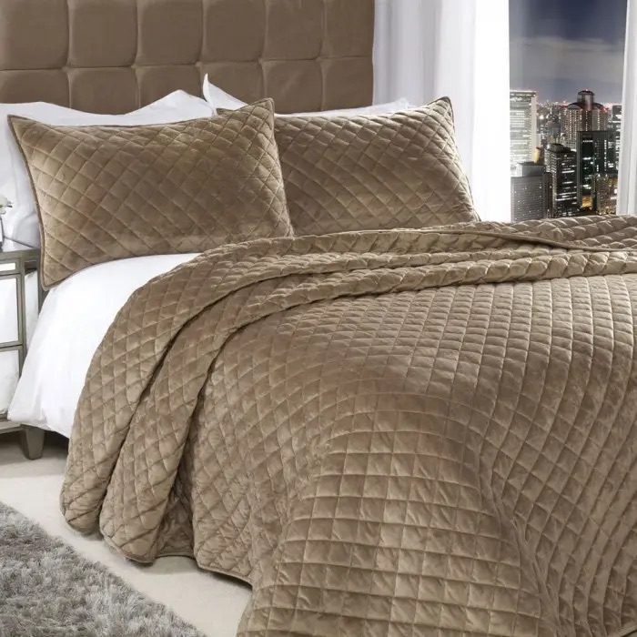 Taupe Velvet Woven Quilted Bedspread Set, 220 x 240 Cms