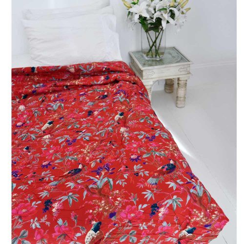 100% Cotton Red Bird Exotic Flower Quilt/Bedspread/Throw 220x265cms