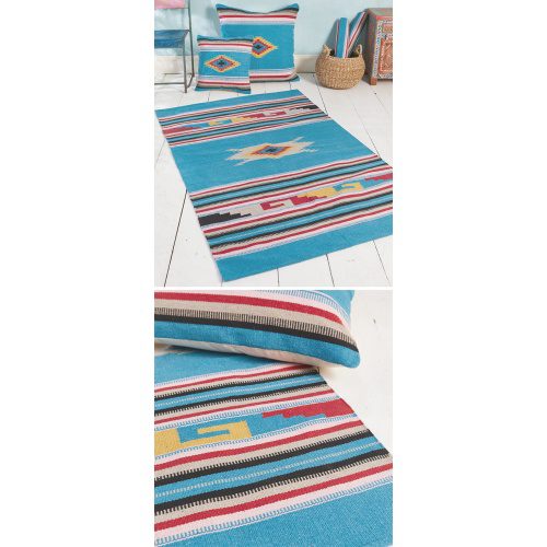 100% Cotton  Blue Aztec Hand Loomed Rug, Cushions