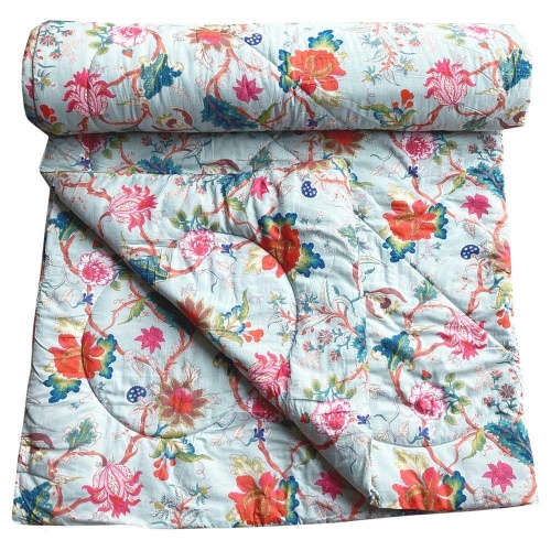 100% Cotton Blue Exotic Flower Quilt/Bedspread/Throw 220x265cms