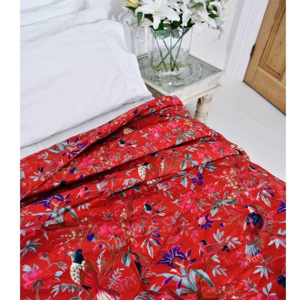 100% Cotton Red Bird Exotic Flower Quilt/Bedspread/Throw 220x265cms