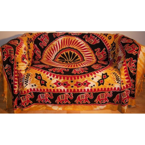 Cotton Orange/Black Elephant 3 or 2 Seater Throw or Double Bedspread 215×255 cms