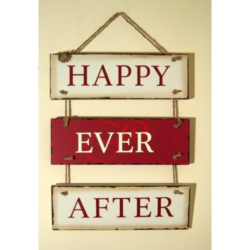 Vintage Style Wooden Red/Cream Hanging Wall Sign HAPPY EVER AFTER