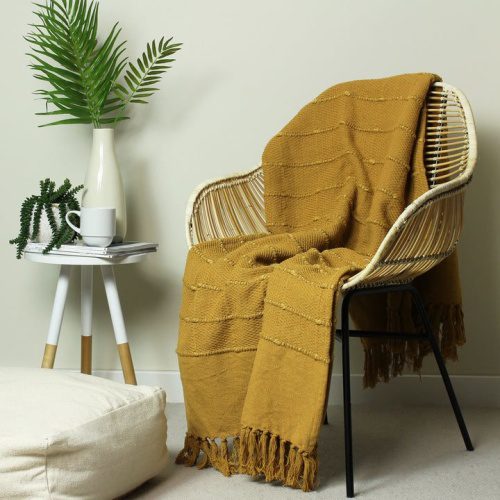 Textured Woven Ochre Blanket Throw 140x180cms for sofas, chairs, beds