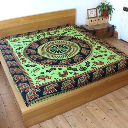100% Cotton Green Elephant Circles Throw Bedspread 210×240 cms