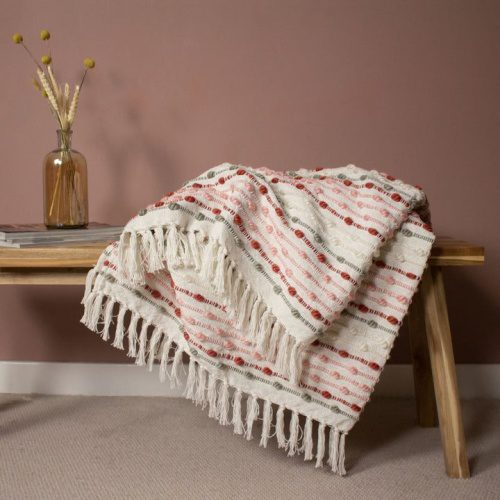 Chunky Woven Blush Pink Stripe Blanket Throw 130x150cms , for sofas, chairs and beds