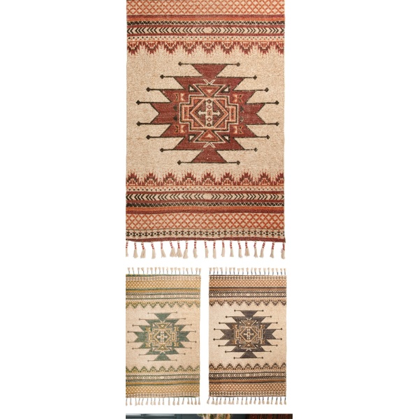 Terracotta, Black and Green Cotton/Jute Rugs 120x180cms