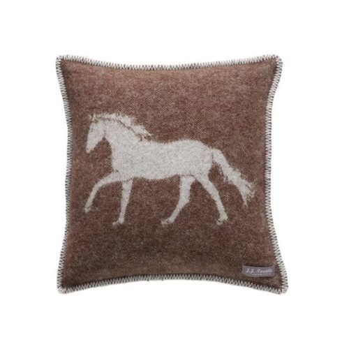 100% New Zealand Wool Horse Cushion in dark brown and cream size 45×45 cms