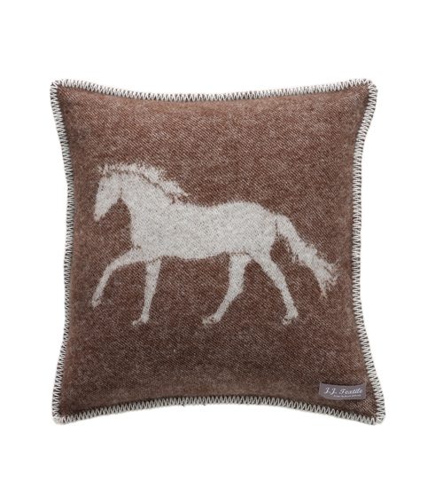 100% New Zealand Wool Horse Cushion in dark brown and cream size 45×45 cms