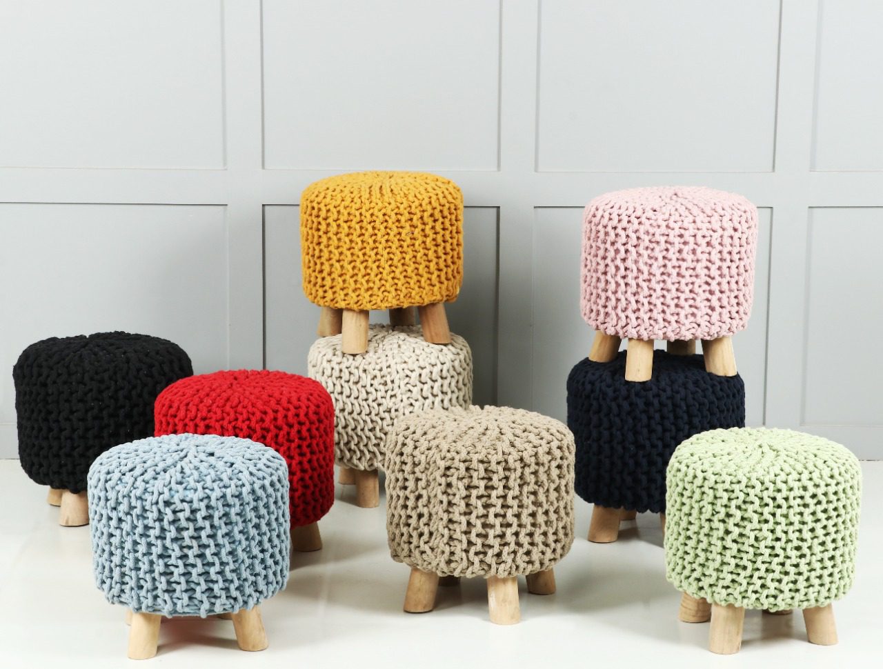 Cream/Black/Blue/Yellow/Mint/Grey/Yellow/Red Knotted Stools, Pouffes,Occasional Seating