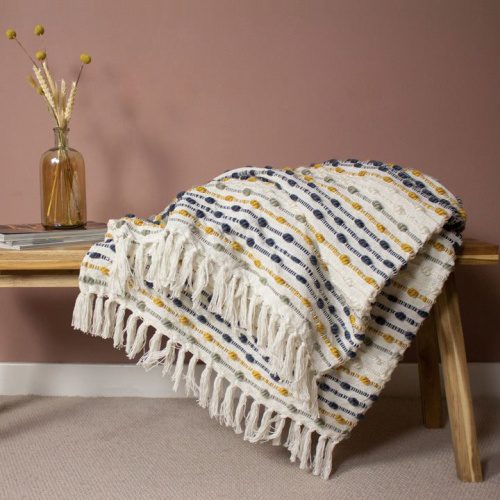 Chunky Woven Ochre Stripe Blanket Throw 130x150cms , for sofas, chairs, beds