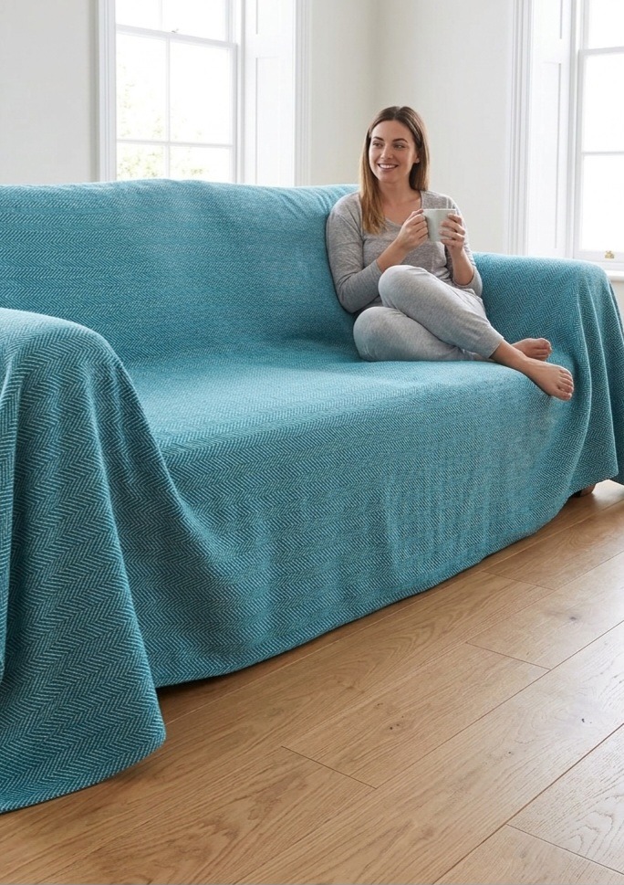 Teal Ruffle Throw 100% Cotton Teal and Natural Herringbone Giant Throw 259x394cms - The ...