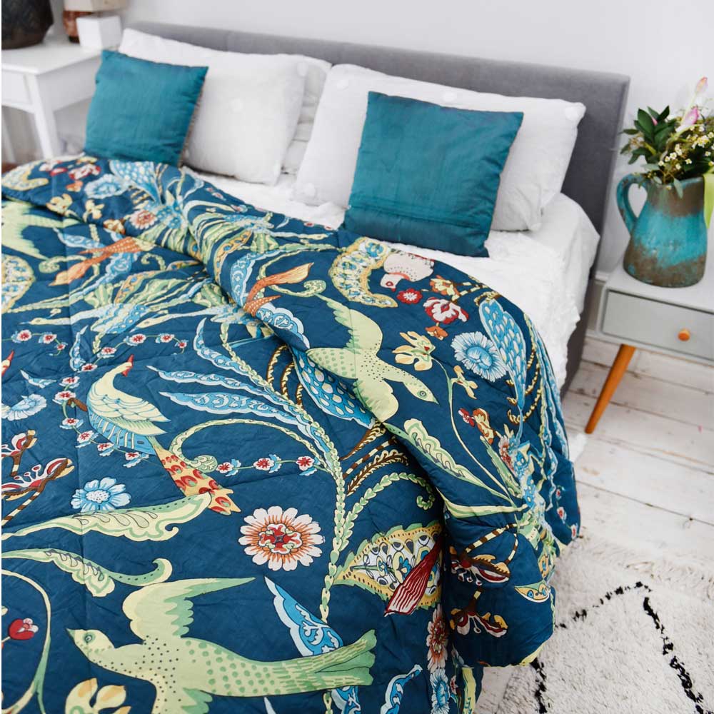 100% Cotton French Navy Blue Exotic Bird Double/King Size Quilt/Throw/Bedspread 220x265cms