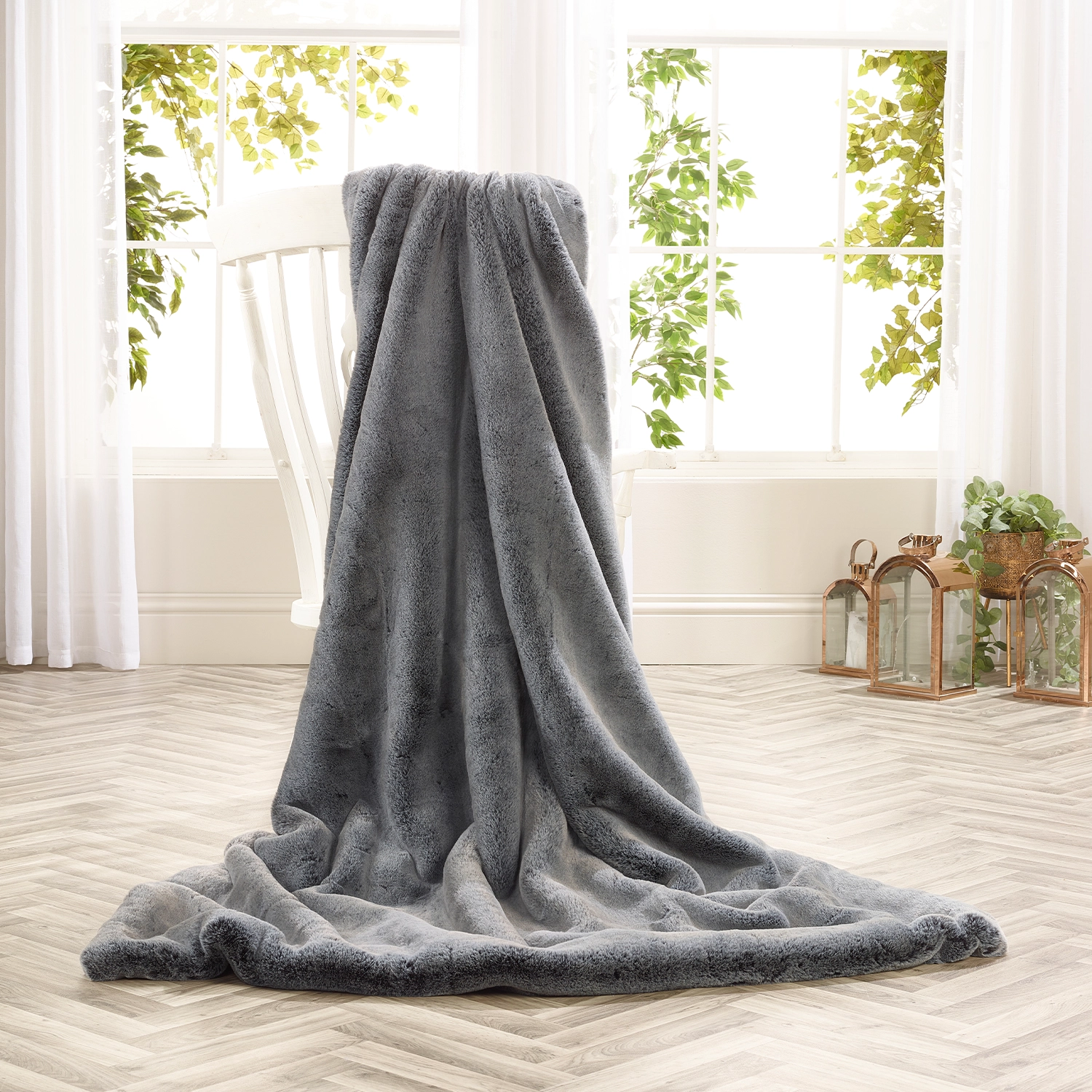 Frosted Gun Metal Luxury Faux Fur Throw and Cushions