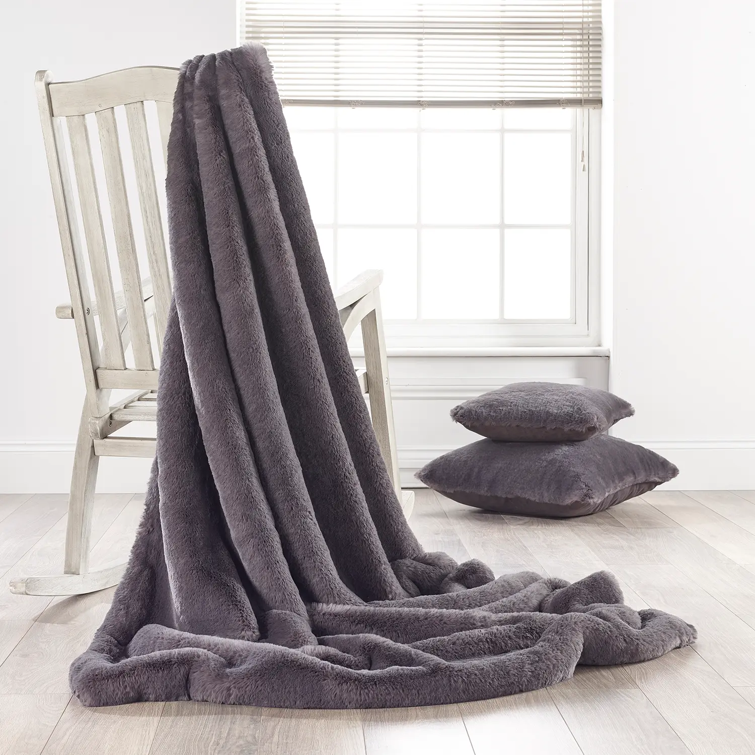 Russian Blue Grey Luxury Faux Fur Throw and Cushons