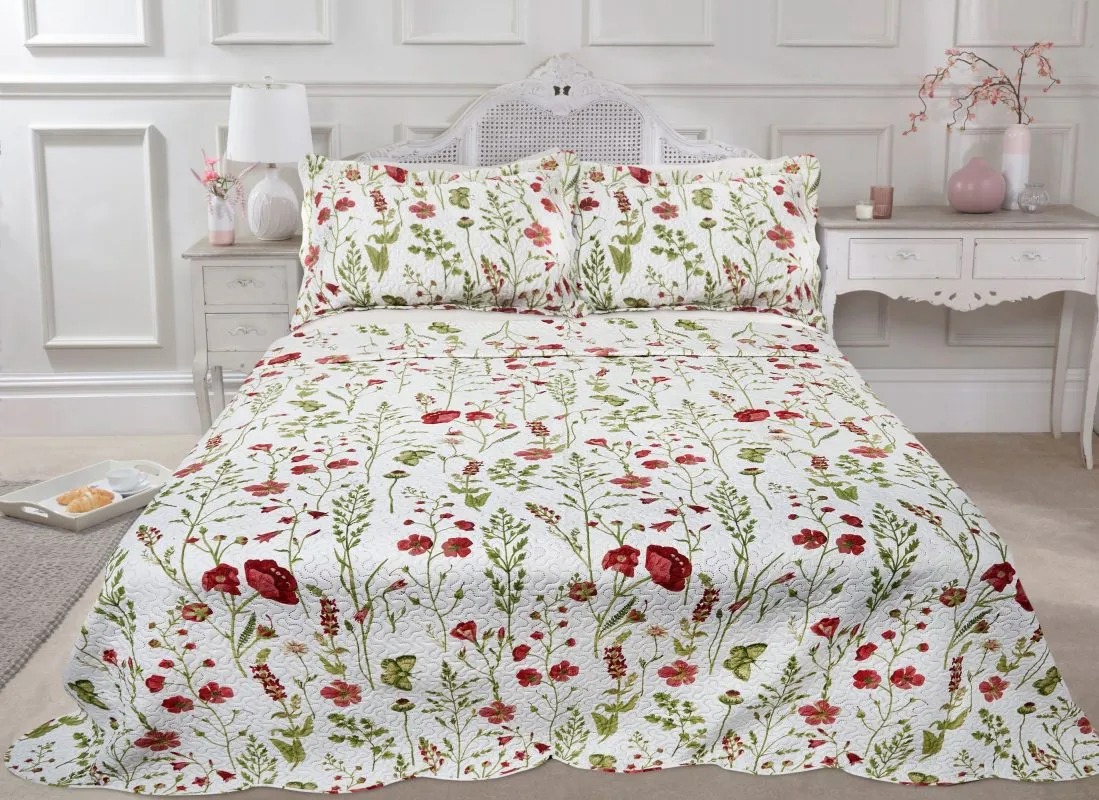 Poppies Patchwork Design Bedspread and Pillow Sham Set