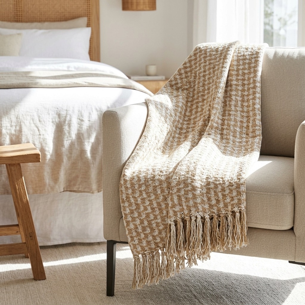 Beiege Throw 100% Cotton Natural and Beige Houndstooth Throws - The Sofa Throw Company