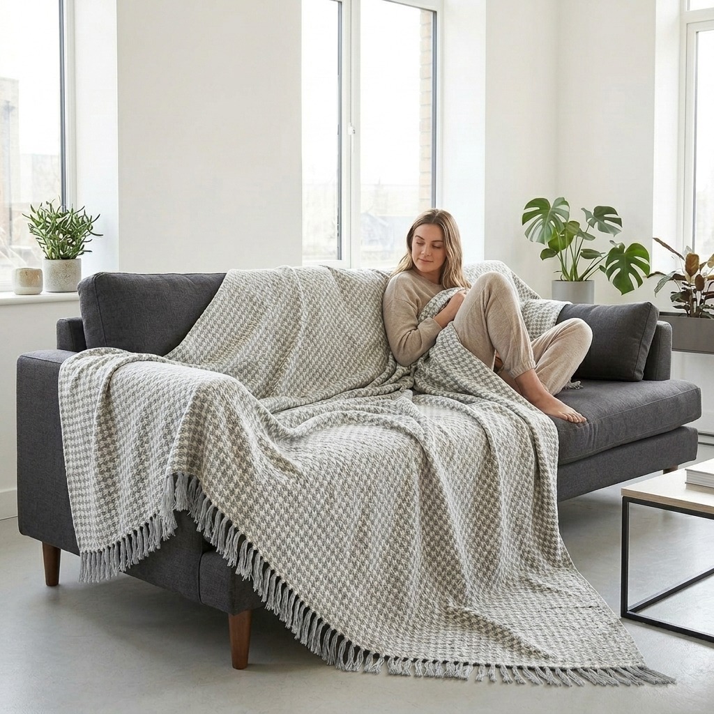 Greyhound Throw 100% Cotton Silver and Natural Houndstooth Throws - The Sofa Throw Company