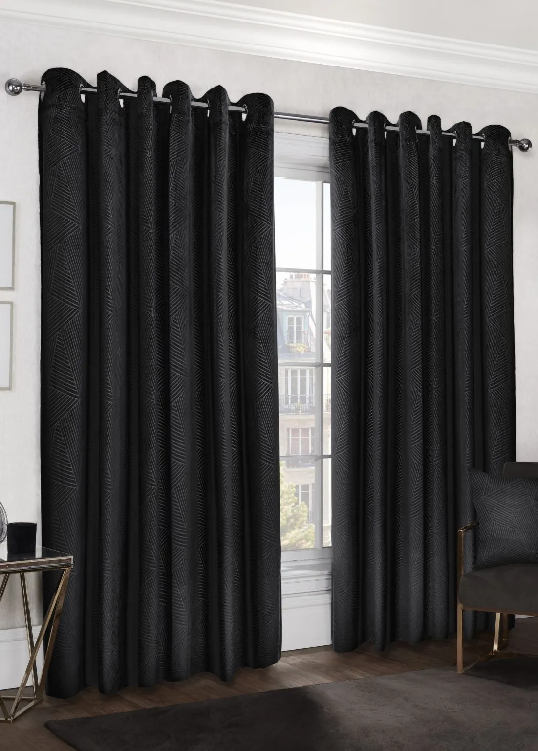 Deco Black Embossed Velvet Woven Thermal Blackout Eyelet Curtains Pair Set 220x220cms