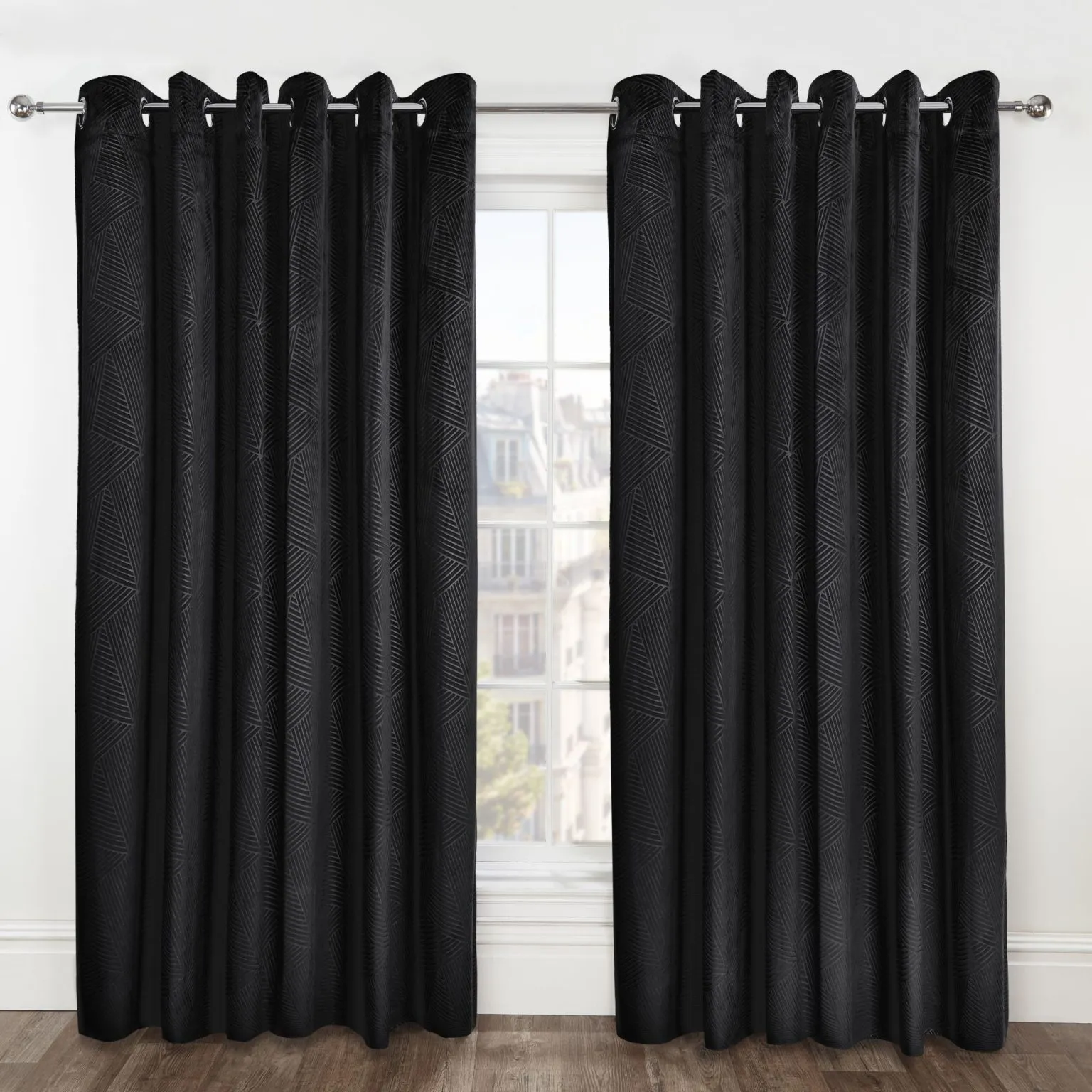 Deco Black Embossed Velvet Woven Thermal Blackout Eyelet Curtains Pair Set 220x220cms