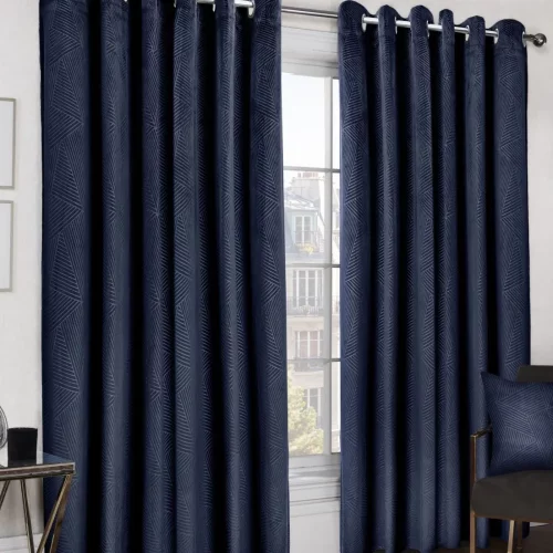 Deco Navy Embossed Velvet Woven Thermal Blackout Eyelet Curtains Pair Set 220x220cms Deco Navy Embossed Velvet Woven Thermal Blackout Eyelet Curtains Pair Set 220x220cms