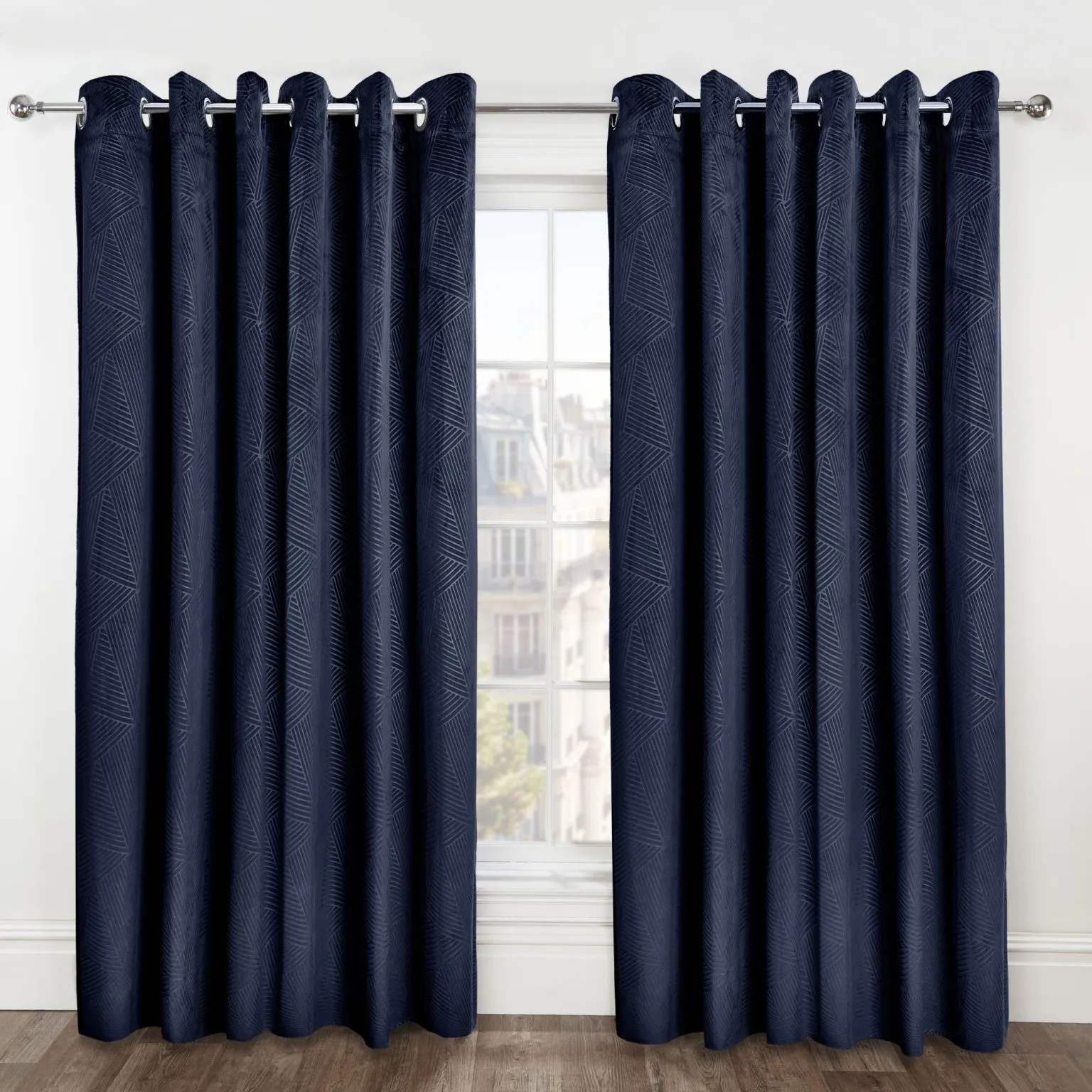 Deco Navy Embossed Velvet Woven Thermal Blackout Eyelet Curtains Pair Set 220x220cms