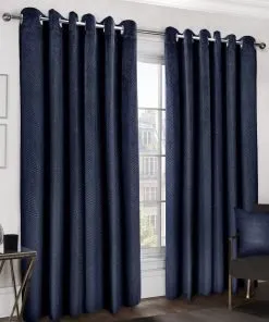 Deco Navy Embossed Velvet Woven Thermal Blackout Eyelet Curtains Pair Set 220x220cms