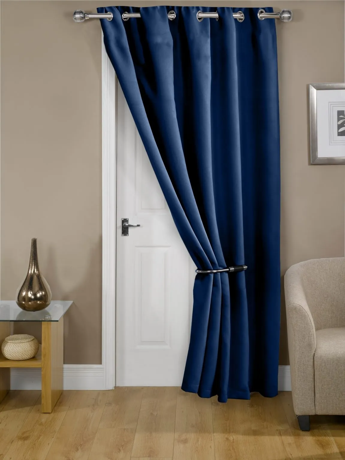 Woven Thermal Blackout Eyelet Door Curtain in Navy Blue 168x213cm