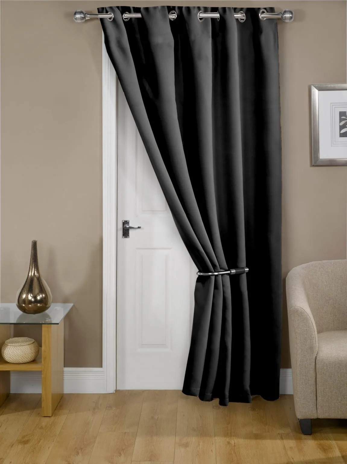 Woven Thermal Blackout Eyelet Door Curtain in Black 168x213cms