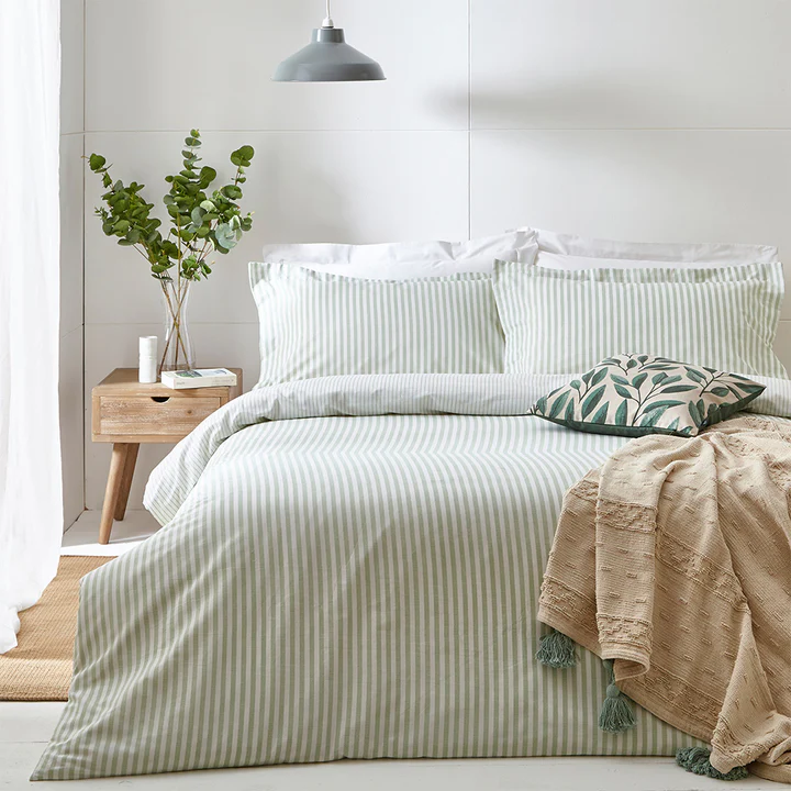 Cotton Sage Green Stripe Duvet Cover and Matching Pillow Cases