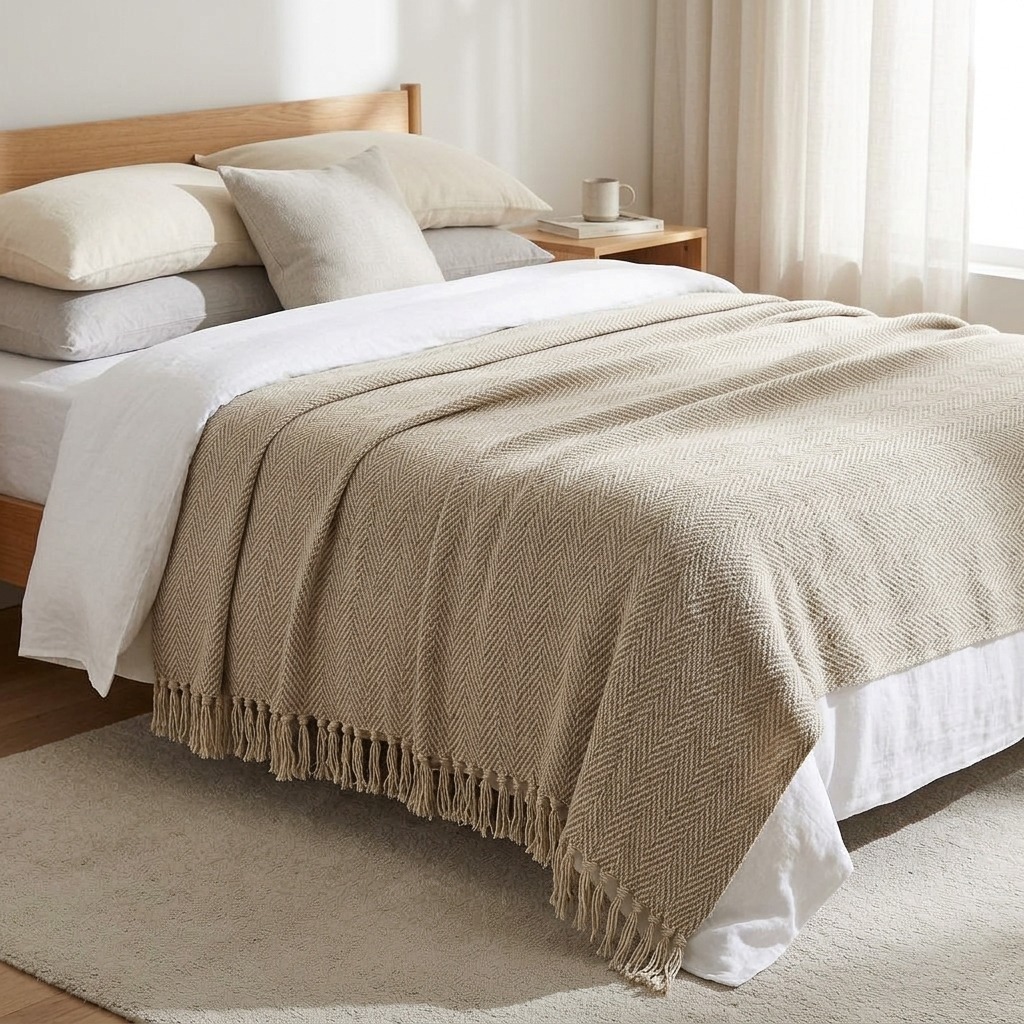 Beiege Throw 100% Cotton Natural and Beige Herringbone Giant Throw 259x259cms - The ...