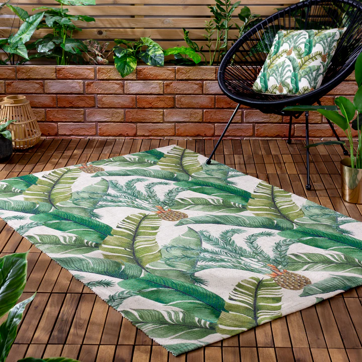 Maui Green Leaves Indoor/Outdoor Rug 120x170cms Cushions 43x43cms Maui Green Leaves Indoor/Outdoor Rug 120x170cms Cushions 43x43cms