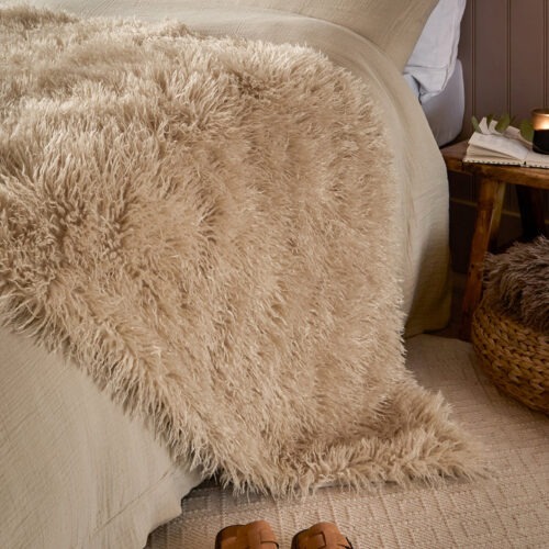 Cream Faux Fur Throw, Cushion -  for Sofas, Chairs, Beds