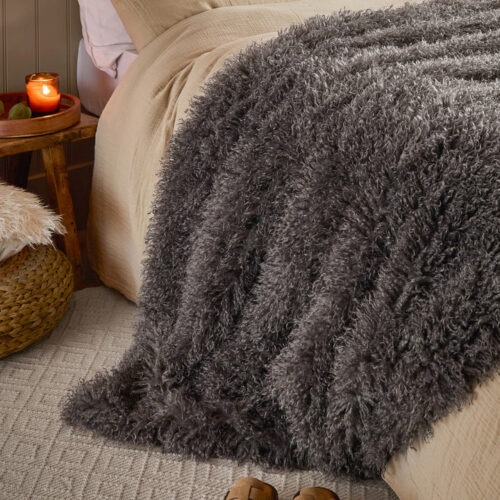 Grey Mongolian Faux Fur Throw , Cushion  -  for Sofas, Chairs, Beds, matching cu
