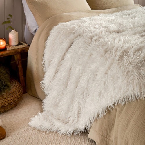 Natural Ecru Mongolian Faux Fur Throw, Cushion  -  for Sofas, Chairs, Beds