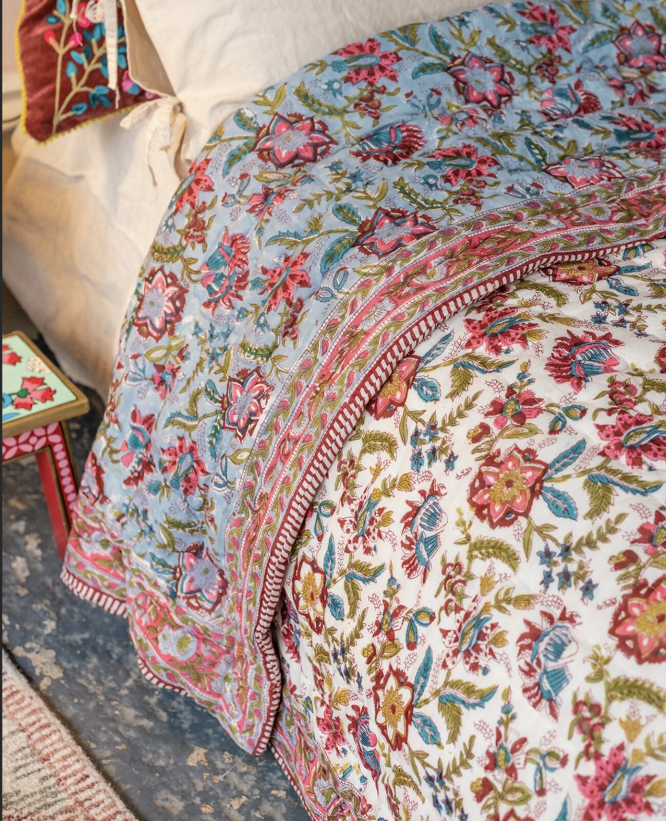 100% Cotton Reversible Vintage Style Bedspread/Quilt – pink, blue, green and gold flowers 100% Cotton Reversible Vintage Style Bedspread/Quilt – pink, blue, green and gold flowers