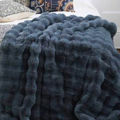 Slate Blue Feather Faux Fur Throw