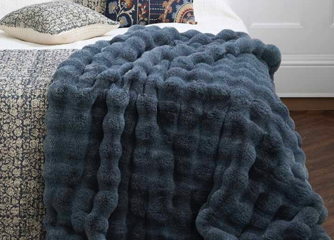 Slate Blue Feather Faux Fur Throw