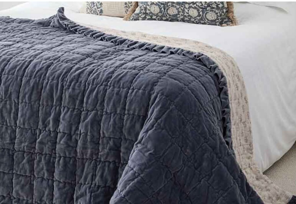 Slate Blue Ruffle Velvet Throw 140x220cms - The Sofa Throw Company