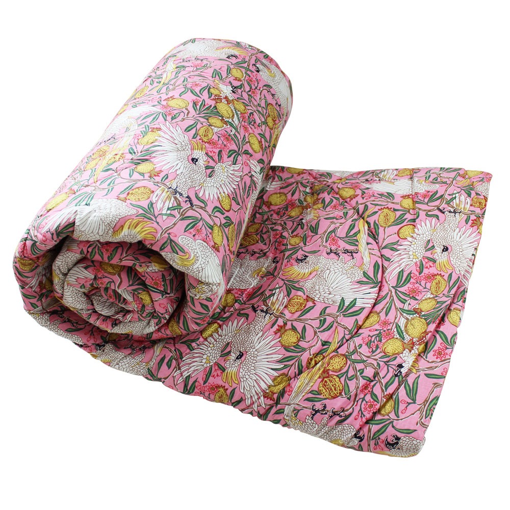 100% Cotton Pink Tropical Bird & Pomegranate Print Quilt/Throw 220x265cms 100% Cotton Pink Tropical Bird & Pomegranate Print Quilt/Throw 220x265cms