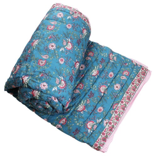 100% Cotton Inky Blue, Pink & Green Mixed Floral & Stripe Print Reverse Quilt/Throw 220x265cms 100% Cotton Inky Blue, Pink & Green Mixed Floral & Stripe Print Reverse Quilt/Throw 220x265cms