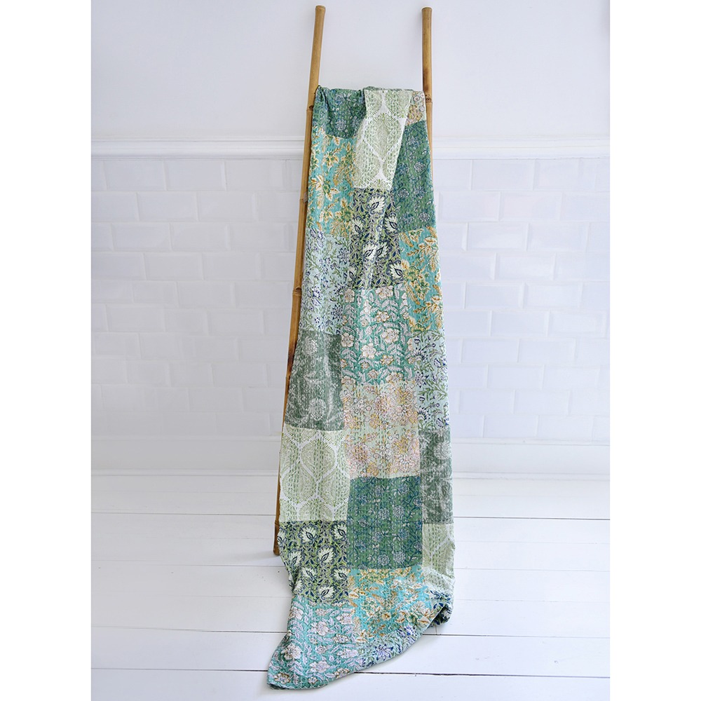 100% Green Mixed Fabric Print Kantha Throw 140x225cms