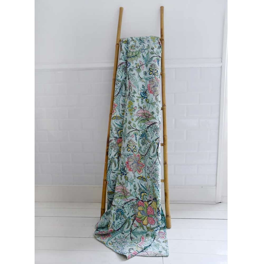 100% Mint Exotic Flowers Print Kantha Throw 140x225cms