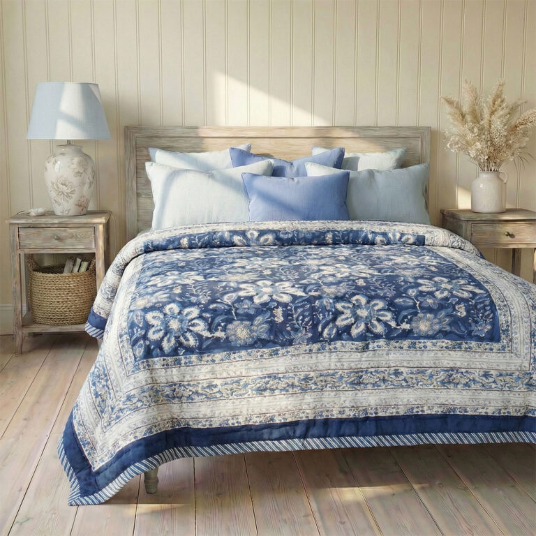 100% Cotton Royal Blue & White Floral  Print Reverse Quilt/Throw 220x265cms