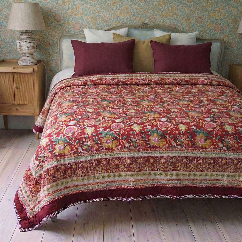 100% Cotton Dark Red, Green & Mustard Floral Print Reverse Quilt/Throw 220x265cms