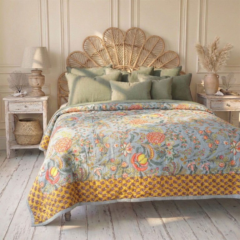 100% Cotton Grey, Coral & Mustard Floral Print Reverse Quilt/Throw 220x265cms