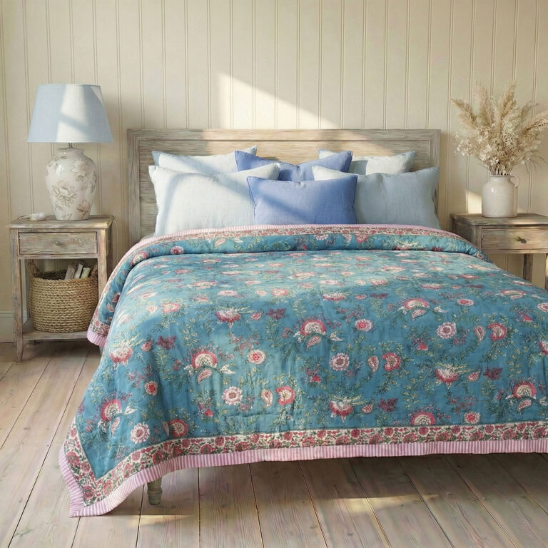 100% Cotton Inky Blue, Pink & Green Mixed Floral & Stripe Print Reverse Quilt/Throw 220x265cms
