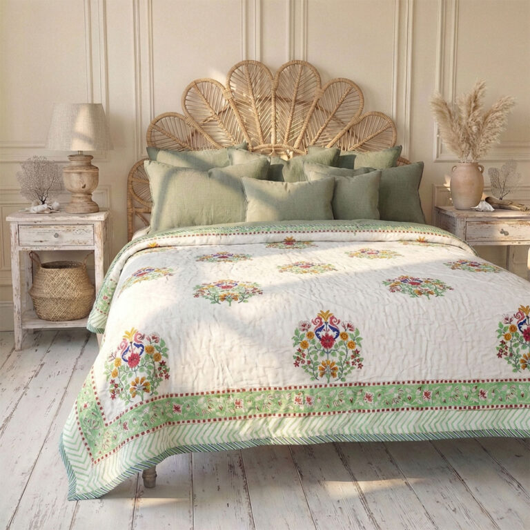 100% Cotton Large Block Floral With Pink & Green Floral Reverse Quilt/Throw220x265cms