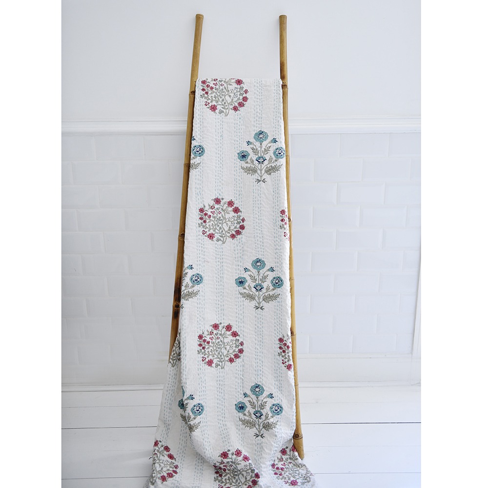 100% Cotton Blue & Pink Floral Block Print Throw 145x225cms 100% Cotton Blue & Pink Floral Block Print Throw 145x225cms