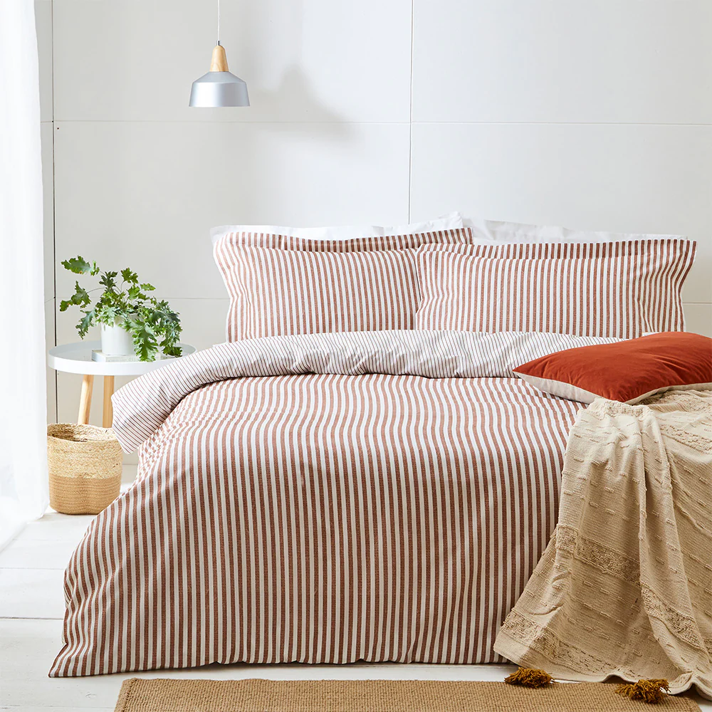 Cotton Pecan and Natural Stripe Duvet Cover and Matching Pillow Cases